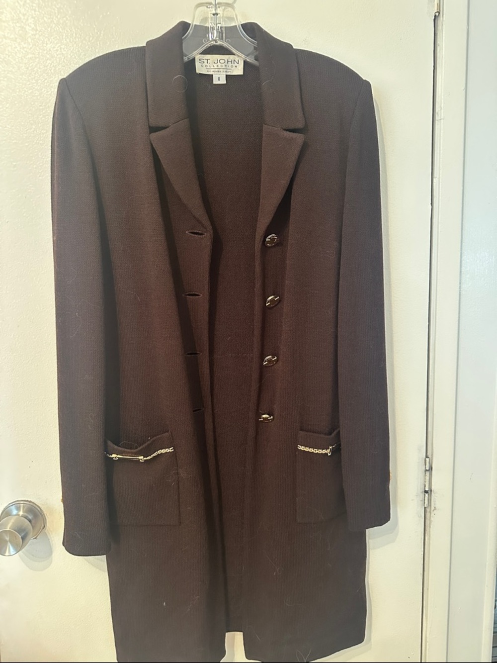 St. John Women’s Dark Brown Long Knit Pea Coat with Chain-Trim Pockets